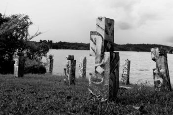 Installation, calligraphy on totems, Maripasoula, French Guiana